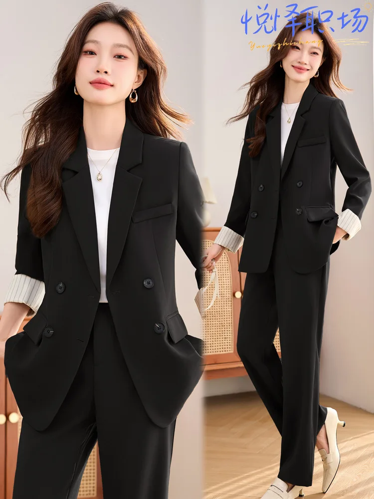 Women's suit set with a professional and sophisticated vibe, double-breasted, stylish, casual, slimming, with turn-up sleeves, b
Women's suit set with a professional and sophisticated vibe, double-breasted, stylish, casual, slimming, with turn-up sleeves, b