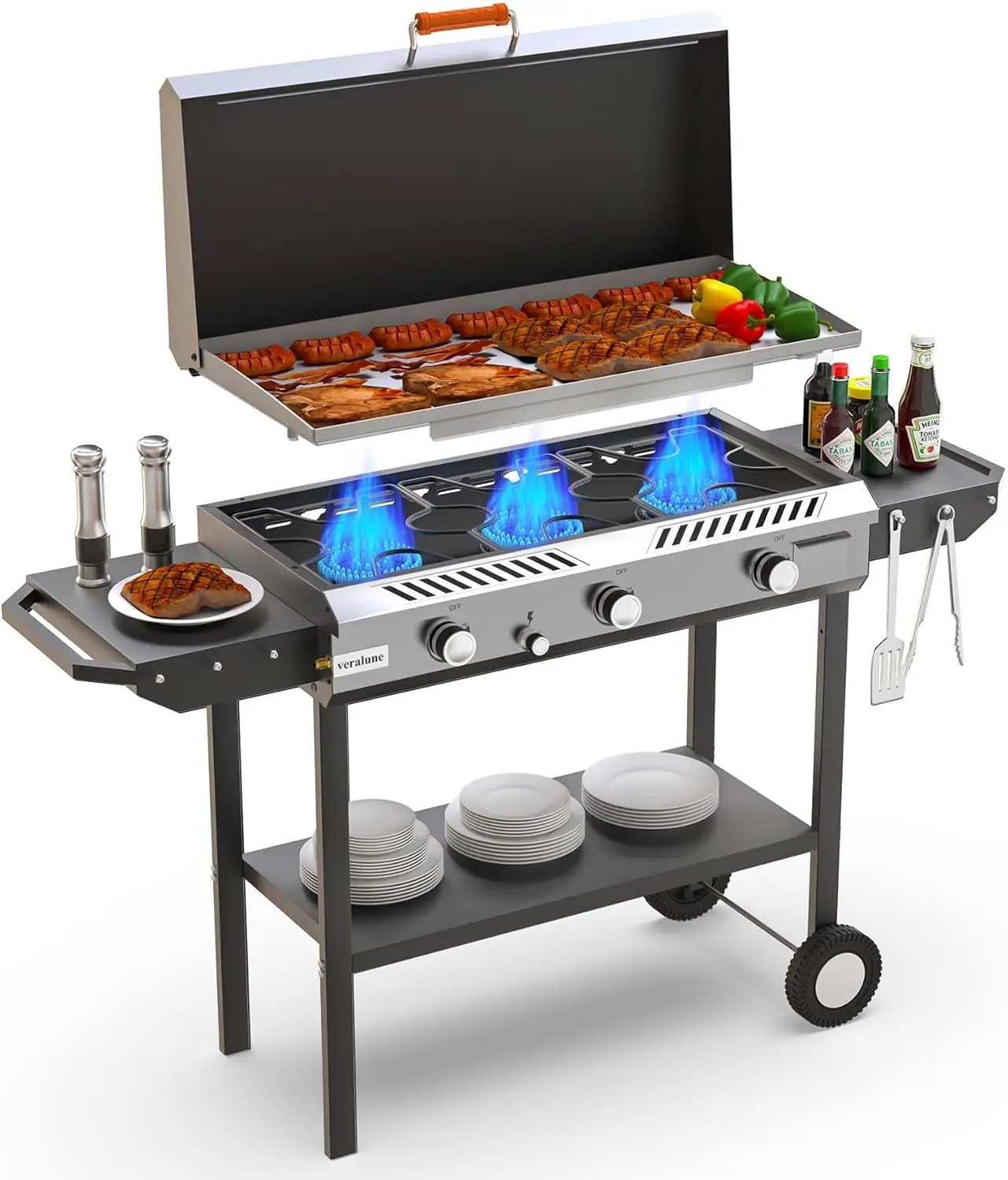 2 in 1 Flat Top Gas Grill with Lid, Propane Gas Griddle, Outdoor Griddle Grill, Folding Side Shelves, Push-Button Ignition
2 in 1 Flat Top Gas Grill with Lid, Propane Gas Griddle, Outdoor Griddle Grill, Folding Side Shelves, Push-Button Ignition