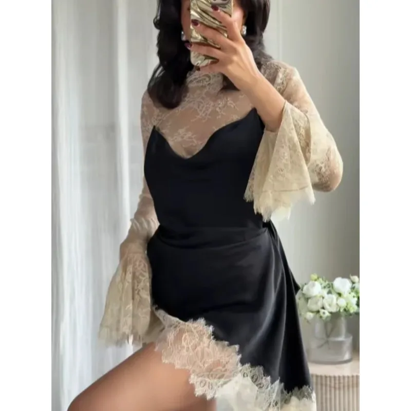 Sexy Lace Patchwork Mini Dress Women Elegant Full Flared Sleeve Waist Cinching See Through Short Dresses Lady Club Party Gowns
Sexy Lace Patchwork Mini Dress Women Elegant Full Flared Sleeve Waist Cinching See Through Short Dresses Lady Club Party Gowns