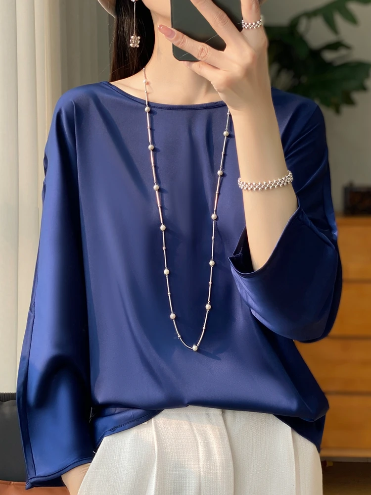 2025 New Spring Summer Large Size Long Sleeve Silk Silky Smooth Top O-Neck Solid Color Elegant Top Women Clothes Fashion Casual
2025 New Spring Summer Large Size Long Sleeve Silk Silky Smooth Top O-Neck Solid Color Elegant Top Women Clothes Fashion Casual
