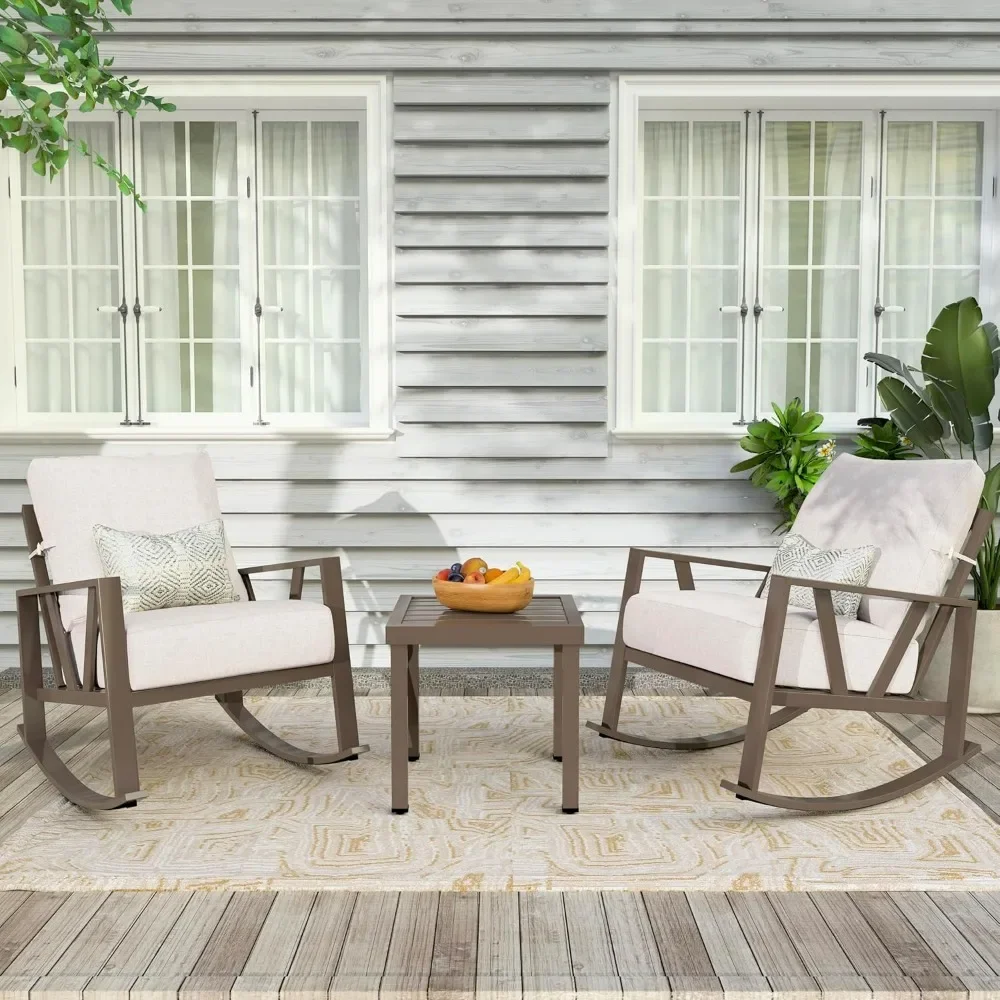 3-piece metal outdoor patio bistro conversation set, includes 2 rocking chairs and coffee table.
3-piece metal outdoor patio bistro conversation set, includes 2 rocking chairs and coffee table.
