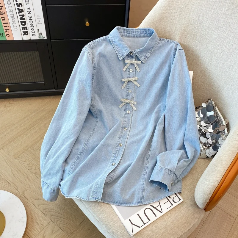 Diamonds Bow Denim Shirt for Women Spring Vintage Long Sleeve Single Breasted Loose Tops Temperament Women's Clothing
Diamonds Bow Denim Shirt for Women Spring Vintage Long Sleeve Single Breasted Loose Tops Temperament Women's Clothing