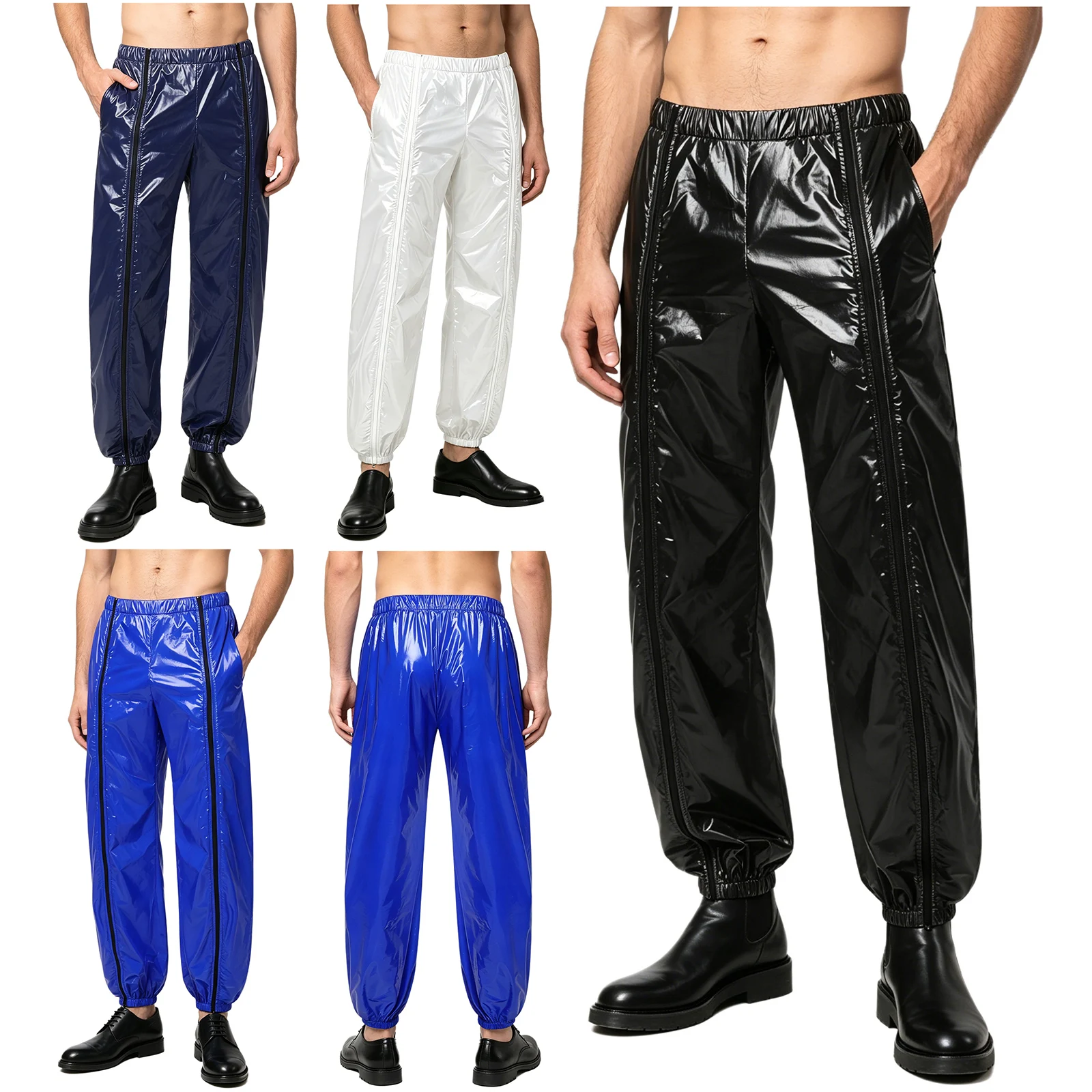 Mens Vinyl Waterproof Reusable Pants Trousers Elastic Waistband Sides Pockets Two-way Zippers at Front for Outdoor Rainy Day
Mens Vinyl Waterproof Reusable Pants Trousers Elastic Waistband Sides Pockets Two-way Zippers at Front for Outdoor Rainy Day