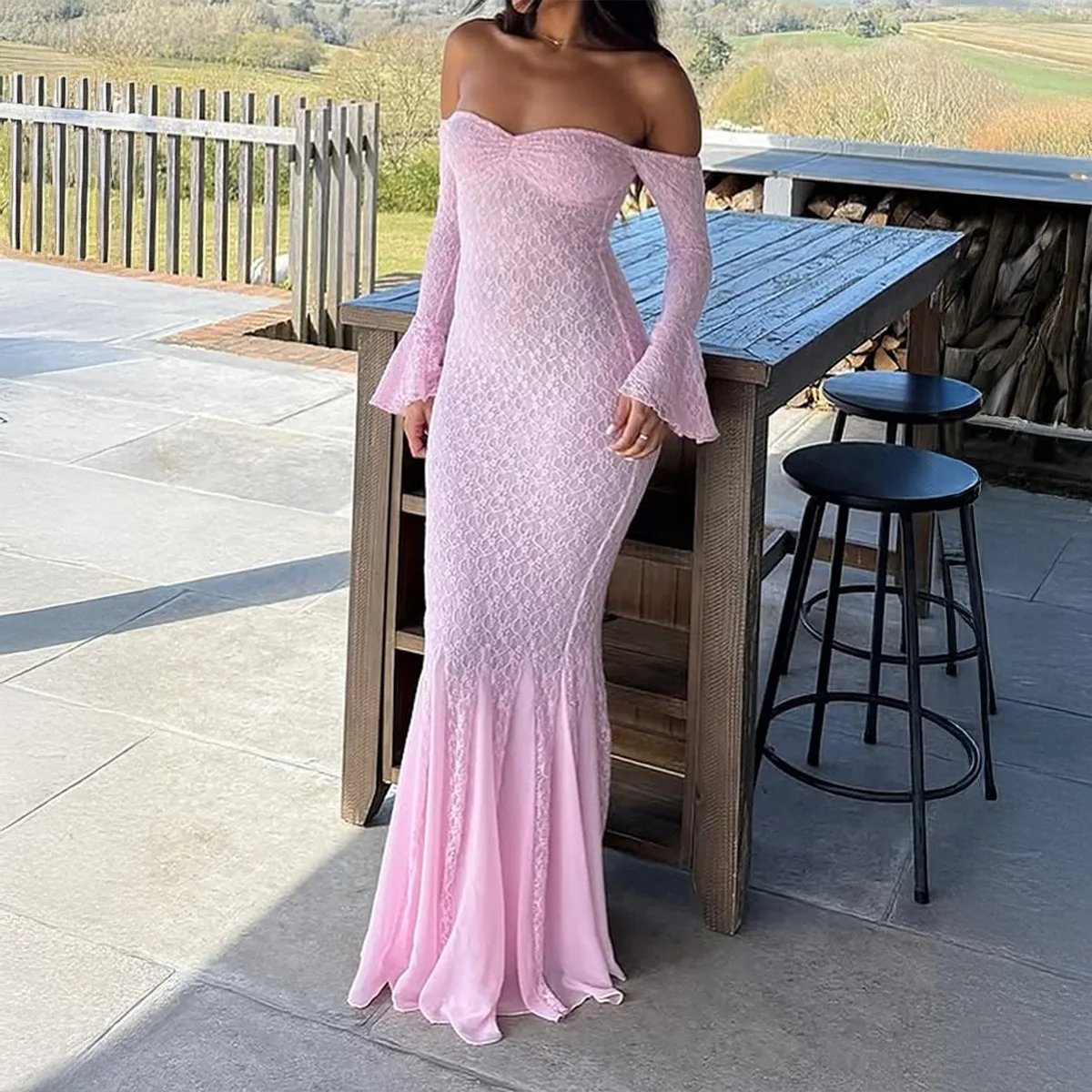 Women's Pink Evening Gown Slash Neck Flare Long Sleeve Bodycon Dress Elegant Floral Lace Prom Off Shoulder Party Maxi Dresses
Women's Pink Evening Gown Slash Neck Flare Long Sleeve Bodycon Dress Elegant Floral Lace Prom Off Shoulder Party Maxi Dresses