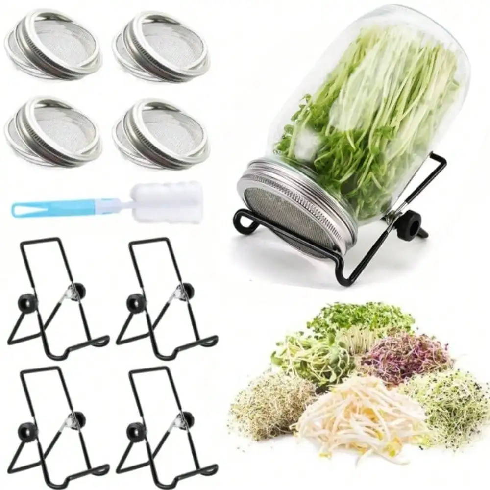 9pcs Sprouting Lids Growing Kit Sprouting Lids for 86mm Wide Mouth Mason Jar with Adjustable Black Stands and Brush
9pcs Sprouting Lids Growing Kit Sprouting Lids for 86mm Wide Mouth Mason Jar with Adjustable Black Stands and Brush