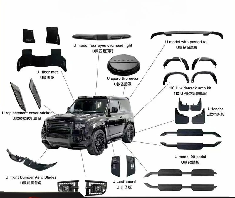 Urban Style Pre-Painted Gloss Black Body Kit for Defender 90/110, Includes Rear Spoiler, Fender Flares, Side Running
Urban Style Pre-Painted Gloss Black Body Kit for Defender 90/110, Includes Rear Spoiler, Fender Flares, Side Running