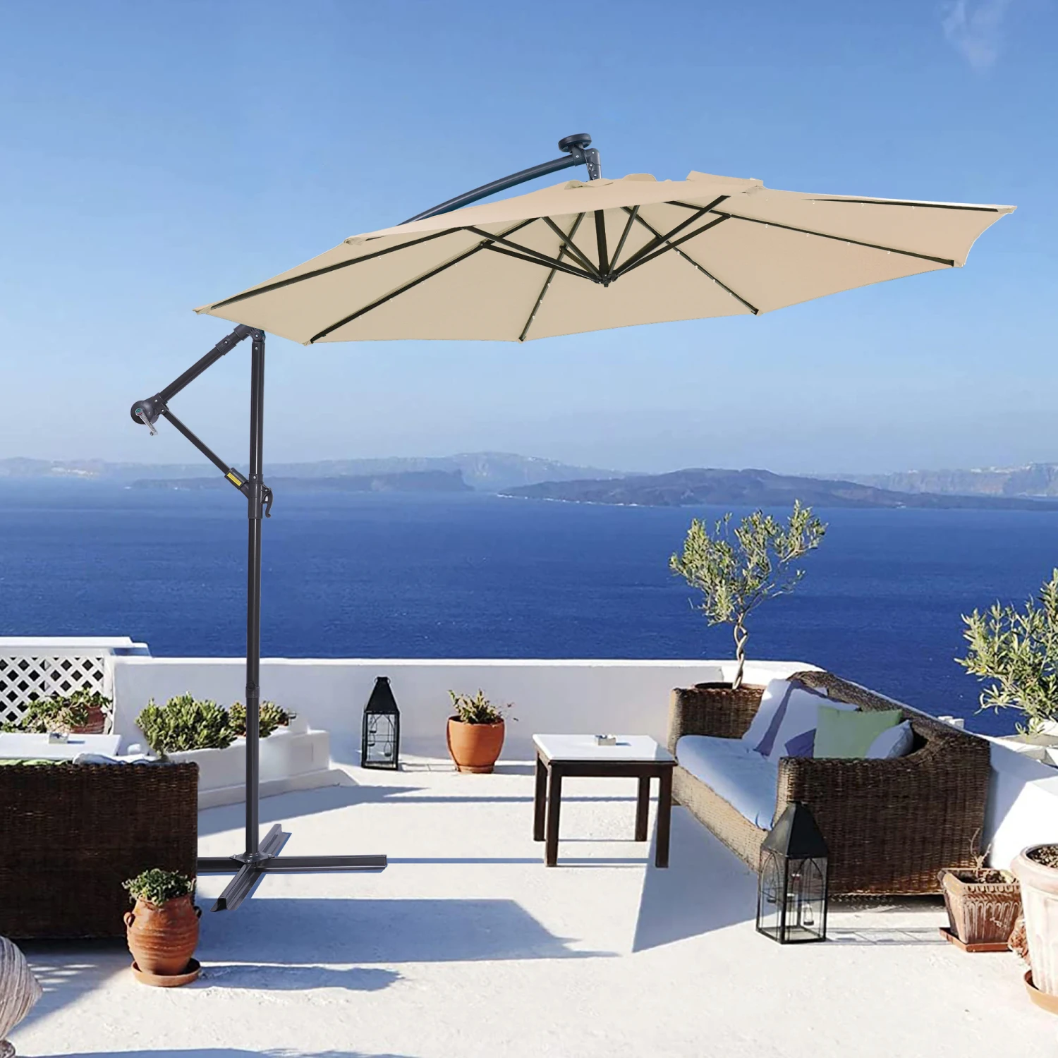 10 FT Solar LED Patio Outdoor Umbrella Hanging Cantilever Umbrella Offset Umbrella Easy Open Adustment with 32 LED Lights - tan
10 FT Solar LED Patio Outdoor Umbrella Hanging Cantilever Umbrella Offset Umbrella Easy Open Adustment with 32 LED Lights - tan
