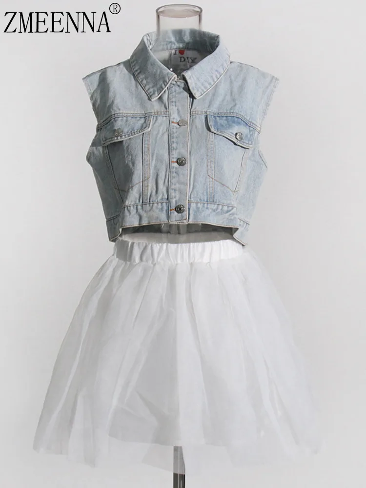 ZMEENNA Denim Vest Set Sleeveless Cropped Jean Jacket And White Mesh Mini Skirt Two Piece Outfit Summer Party ZM859
ZMEENNA Denim Vest Set Sleeveless Cropped Jean Jacket And White Mesh Mini Skirt Two Piece Outfit Summer Party ZM859