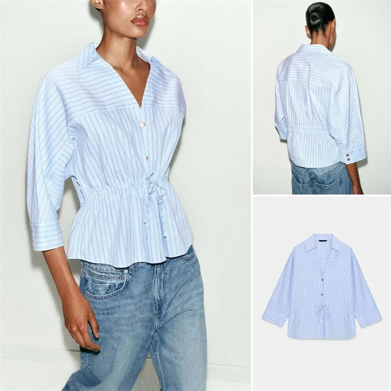 Casual Stripe Shirt Women's Spring Summer New Fashion Turn-down Collar Elbow-length Knot Shirt Slim Fit Regular Length
Casual Stripe Shirt Women's Spring Summer New Fashion Turn-down Collar Elbow-length Knot Shirt Slim Fit Regular Length