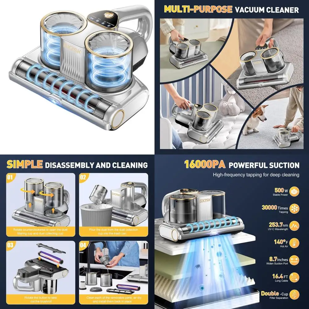 Corded 500W Bed Vacuum with UV-C Light, Ultrasonic, and 140℉ Heat for Sofa, Couch, and Crib
Corded 500W Bed Vacuum with UV-C Light, Ultrasonic, and 140℉ Heat for Sofa, Couch, and Crib