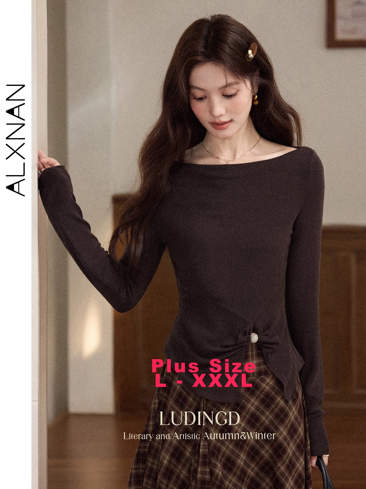 ALXNAN Plus Size Brown One Shoulder Long Sleeve T-shirt Women Autumn Slim-fit Casual Office Lady Slit Pleated Female Tees D12627 
ALXNAN Plus Size Brown One Shoulder Long Sleeve T-shirt Women Autumn Slim-fit Casual Office Lady Slit Pleated Female Tees D12627