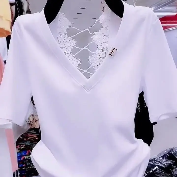 Fashion Women's New Short-Sleeved Summer V-Neck Printed T-Shirt Fashion Women's Lace Splicing Top Breathable T-Shirt A571
Fashion Women's New Short-Sleeved Summer V-Neck Printed T-Shirt Fashion Women's Lace Splicing Top Breathable T-Shirt A571