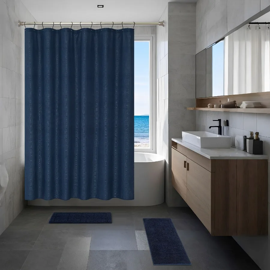15-Piece Navy Checkered Bathroom Set Textured Shower Curtain Bath Rugs and Hooks Washable Fabric
15-Piece Navy Checkered Bathroom Set Textured Shower Curtain Bath Rugs and Hooks Washable Fabric