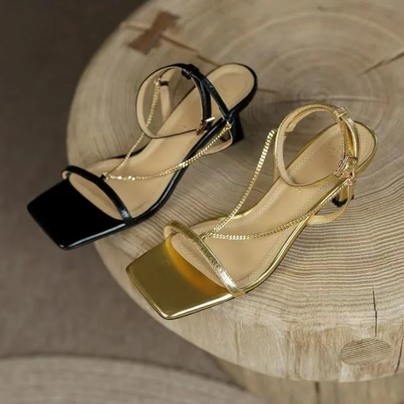 Women's Sexy High Heels Sandals Metal Chain Square Head Thin Heel Shoes One-word with Open-toe Elegant Medium Heel Women Sandals
Women's Sexy High Heels Sandals Metal Chain Square Head Thin Heel Shoes One-word with Open-toe Elegant Medium Heel Women Sandals
