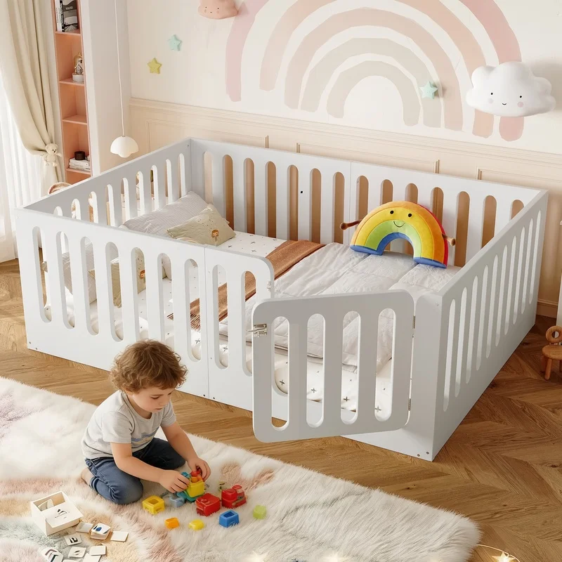 White Solid Wood Montessori Kids Bed with High Fence and Door, Low-Profile Design, No Box Spring Required
White Solid Wood Montessori Kids Bed with High Fence and Door, Low-Profile Design, No Box Spring Required