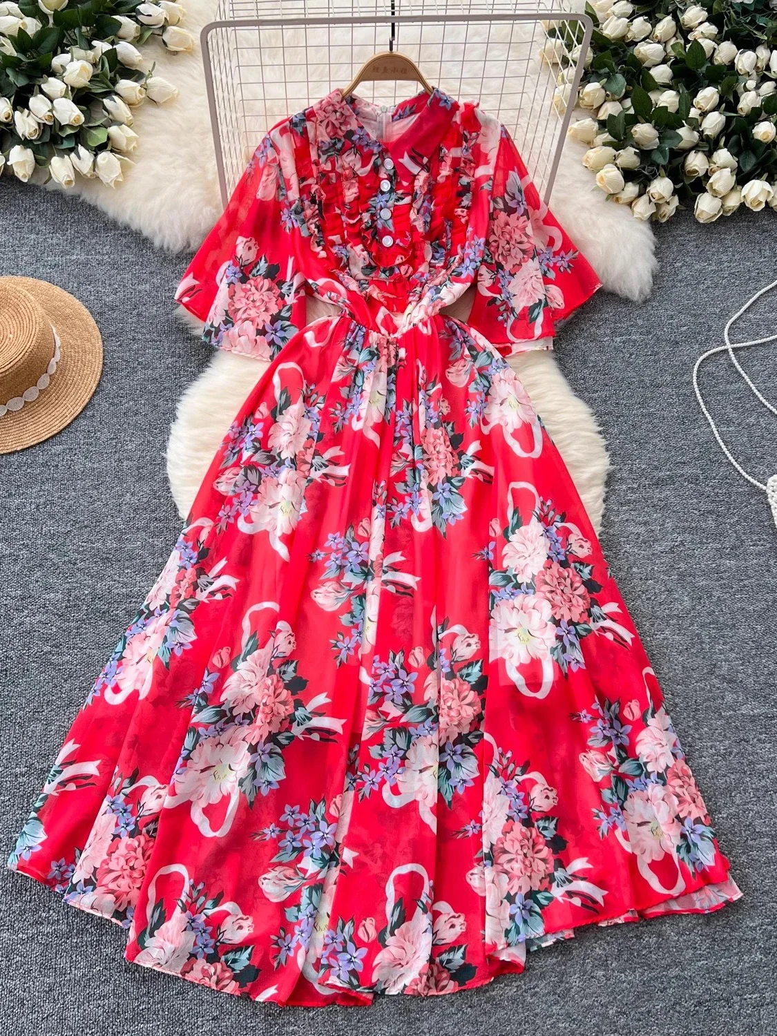 Summer Women Floral Printed Chiffon Long Dress Vintage Turn-Down Collar Short Sleeve A-Line Vacation Beach Maxi Vestidos New
Summer Women Floral Printed Chiffon Long Dress Vintage Turn-Down Collar Short Sleeve A-Line Vacation Beach Maxi Vestidos New