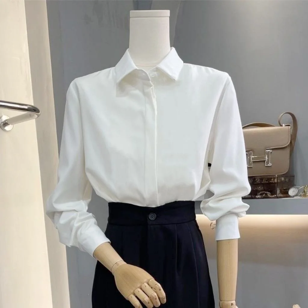 Рубашки с длинным рукавом, женские атласные рубашки с рюшами, облегающие рубашки на пуговицах с отложным воротником, элегантный элегантный костюм в стиле ретро во французском стиле 
Рубашки с длинным рукавом, женские атласные рубашки с рюшами, облегающие рубашки на пуговицах с отложным воротником, элегантный элегантный костюм в стиле ретро во французском стиле