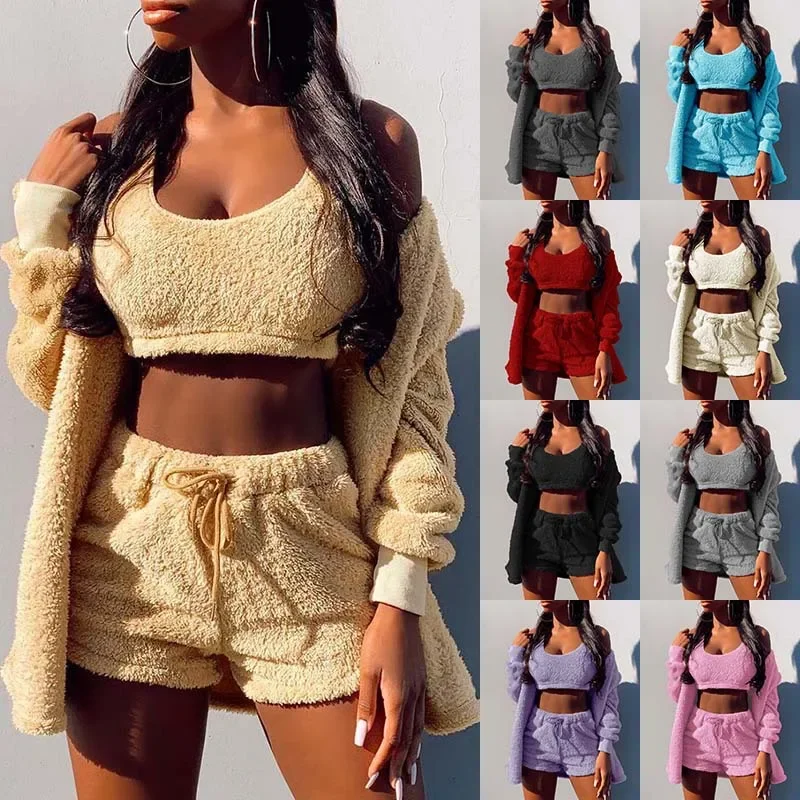 3PCS/Lots Women Tracksuit Fluffy Velvet Plush Hooded Cardigan Coat Shorts Crop Top Casual Outfits Overalls Sweatshirts Sleepwear
3PCS/Lots Women Tracksuit Fluffy Velvet Plush Hooded Cardigan Coat Shorts Crop Top Casual Outfits Overalls Sweatshirts Sleepwear