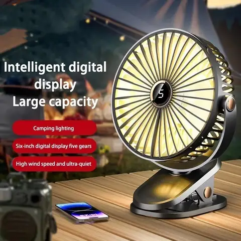 8000mAh Clip-on Fan 5 Speed Quiet Rechargeable Desktop Portable Air Circulator Wireless Fan With LED Light For Camping