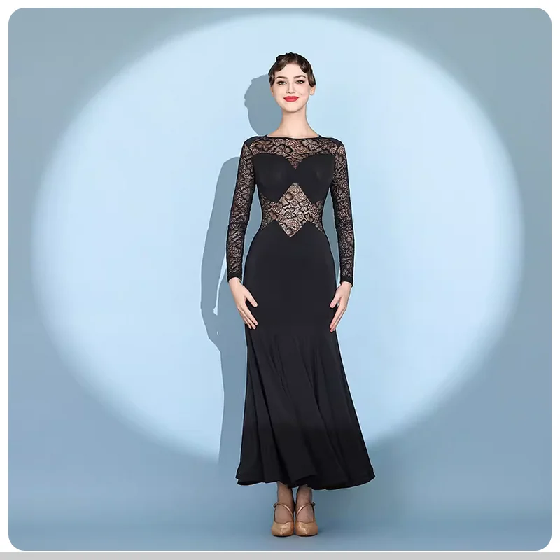Black lace full-skirted dress for Modern Dance and Standard Dance practice
Black lace full-skirted dress for Modern Dance and Standard Dance practice