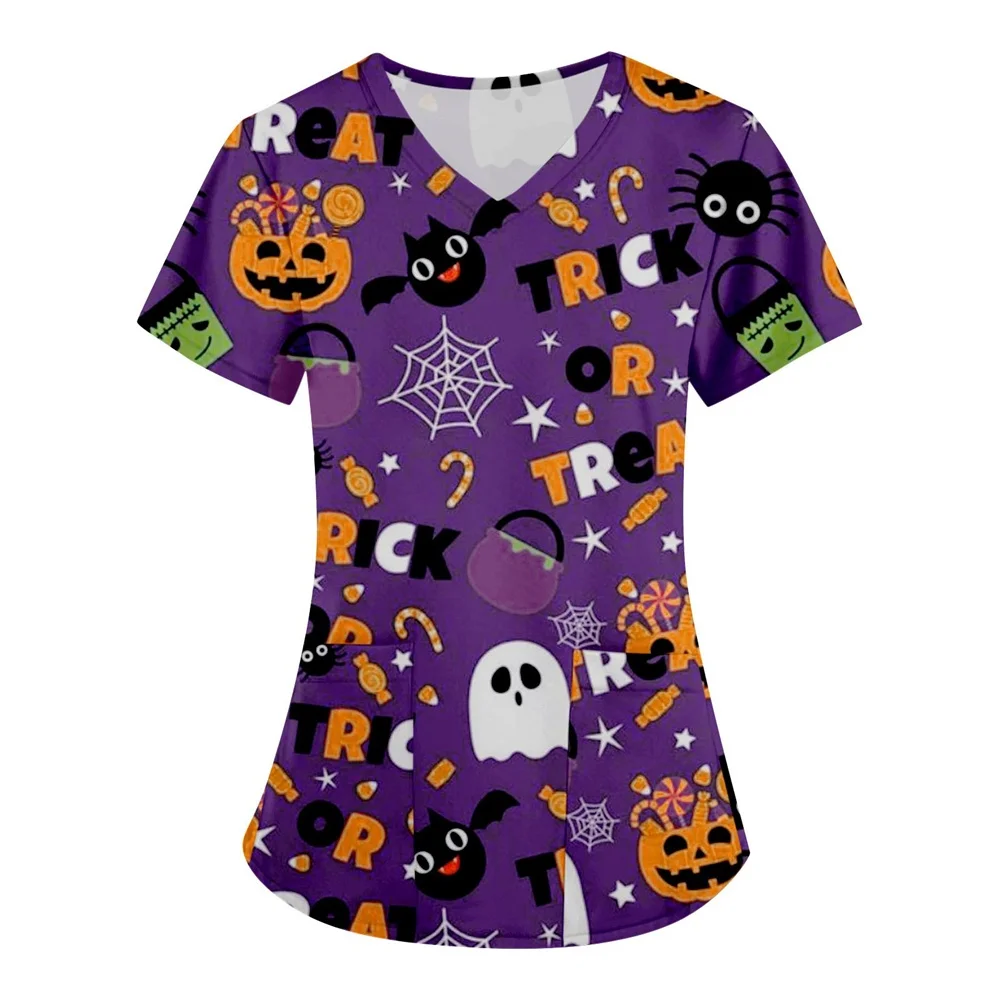 Scrubs Medical Uniforms Halloween Pumpkin Spider Web Print Curable Nursing Tops V-Neck Short Sleeve Medical Clothing for Women 
Scrubs Medical Uniforms Halloween Pumpkin Spider Web Print Curable Nursing Tops V-Neck Short Sleeve Medical Clothing for Women