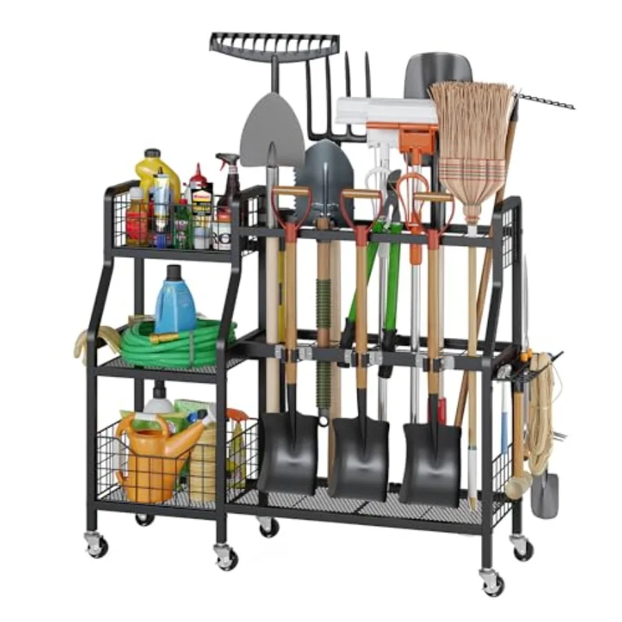 Garden Tool Organizer for Outdoor Storage, Heavy-Duty Steel, Black, 6-Wheel Mobility with 3 Lockable Casters and 2 Baskets
Garden Tool Organizer for Outdoor Storage, Heavy-Duty Steel, Black, 6-Wheel Mobility with 3 Lockable Casters and 2 Baskets