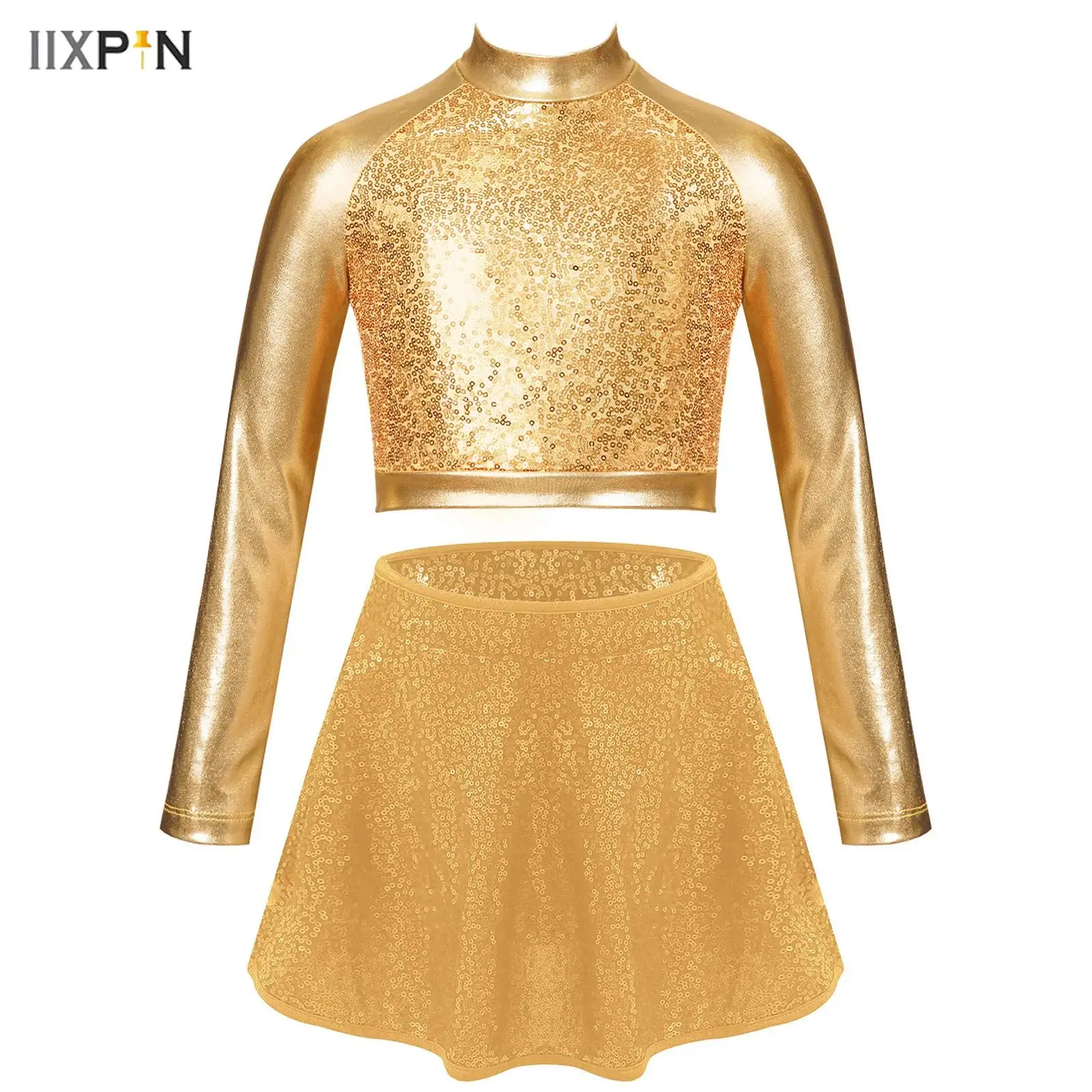 Kids Girls Jazz Latin Dance Costume Cheerleading Uniform Long Sleeve Shiny Sequins Crop Top Shirt with Skirt Outfit Streetwear
Kids Girls Jazz Latin Dance Costume Cheerleading Uniform Long Sleeve Shiny Sequins Crop Top Shirt with Skirt Outfit Streetwear
