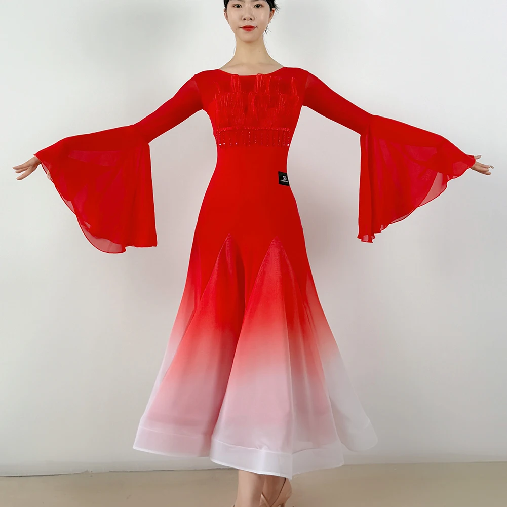 Gradient Color Standard Bell Sleeve Dance Wear Competition Red Waltz Long Sleeve Round Neck Women's Ballroom Practice Wear Black
Gradient Color Standard Bell Sleeve Dance Wear Competition Red Waltz Long Sleeve Round Neck Women's Ballroom Practice Wear Black
