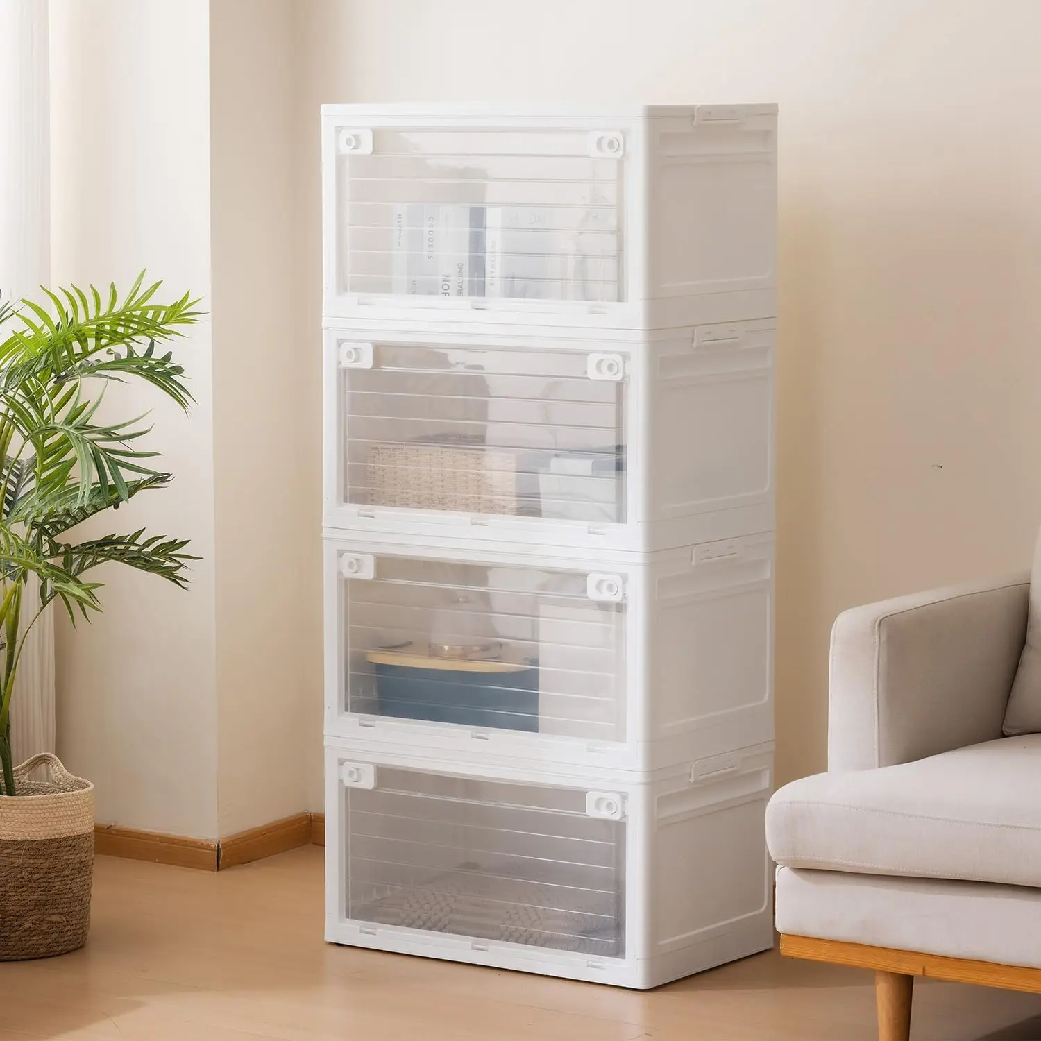 4-Tier 101QT Stackable Storage Bins with Lid, Doors & Wheels, Collapsible Plastic Organizer Bins for Closet Bedroom, White
4-Tier 101QT Stackable Storage Bins with Lid, Doors & Wheels, Collapsible Plastic Organizer Bins for Closet Bedroom, White