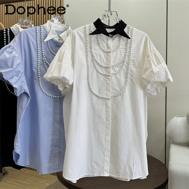 Design Sense Pearl Necklace Lapel Bubble Sleeve Shirt Loose Retro Short Sleeve Shirt Top Vintage white shirt women
Design Sense Pearl Necklace Lapel Bubble Sleeve Shirt Loose Retro Short Sleeve Shirt Top Vintage white shirt women