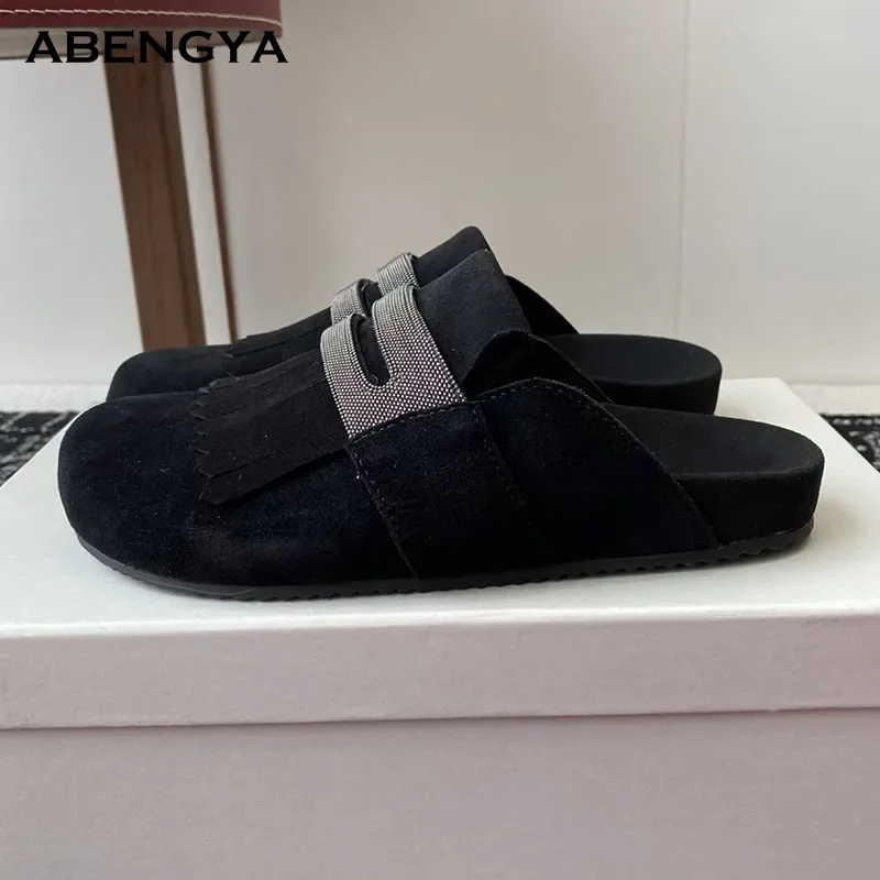 Designer Black Suede Flat Slippers Women Wrap Toe Tassel Beaded Flat Slides Summer Daily Walking Shoes Woman Half Slippers
Designer Black Suede Flat Slippers Women Wrap Toe Tassel Beaded Flat Slides Summer Daily Walking Shoes Woman Half Slippers