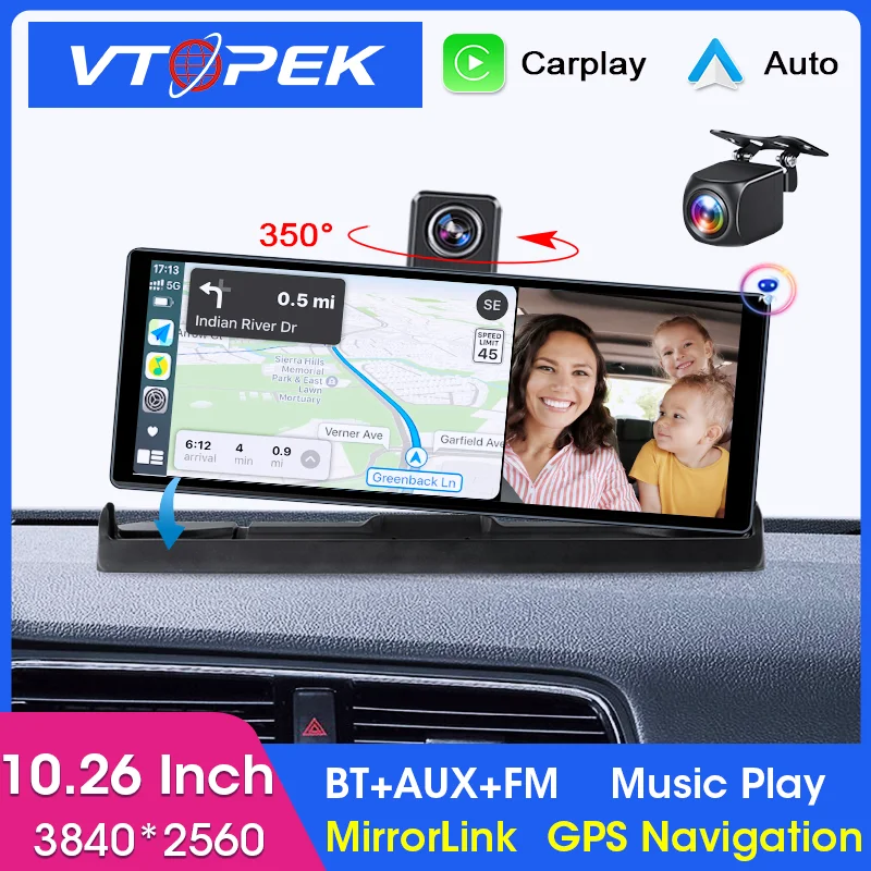 Vtopek 10.26" 4K 350° Rotate Dash Cam Wireless Carplay Android Auto Car DVR WiFi GPS Navigation AirPlay Dashboard Video Recorder
Vtopek 10.26" 4K 350° Rotate Dash Cam Wireless Carplay Android Auto Car DVR WiFi GPS Navigation AirPlay Dashboard Video Recorder