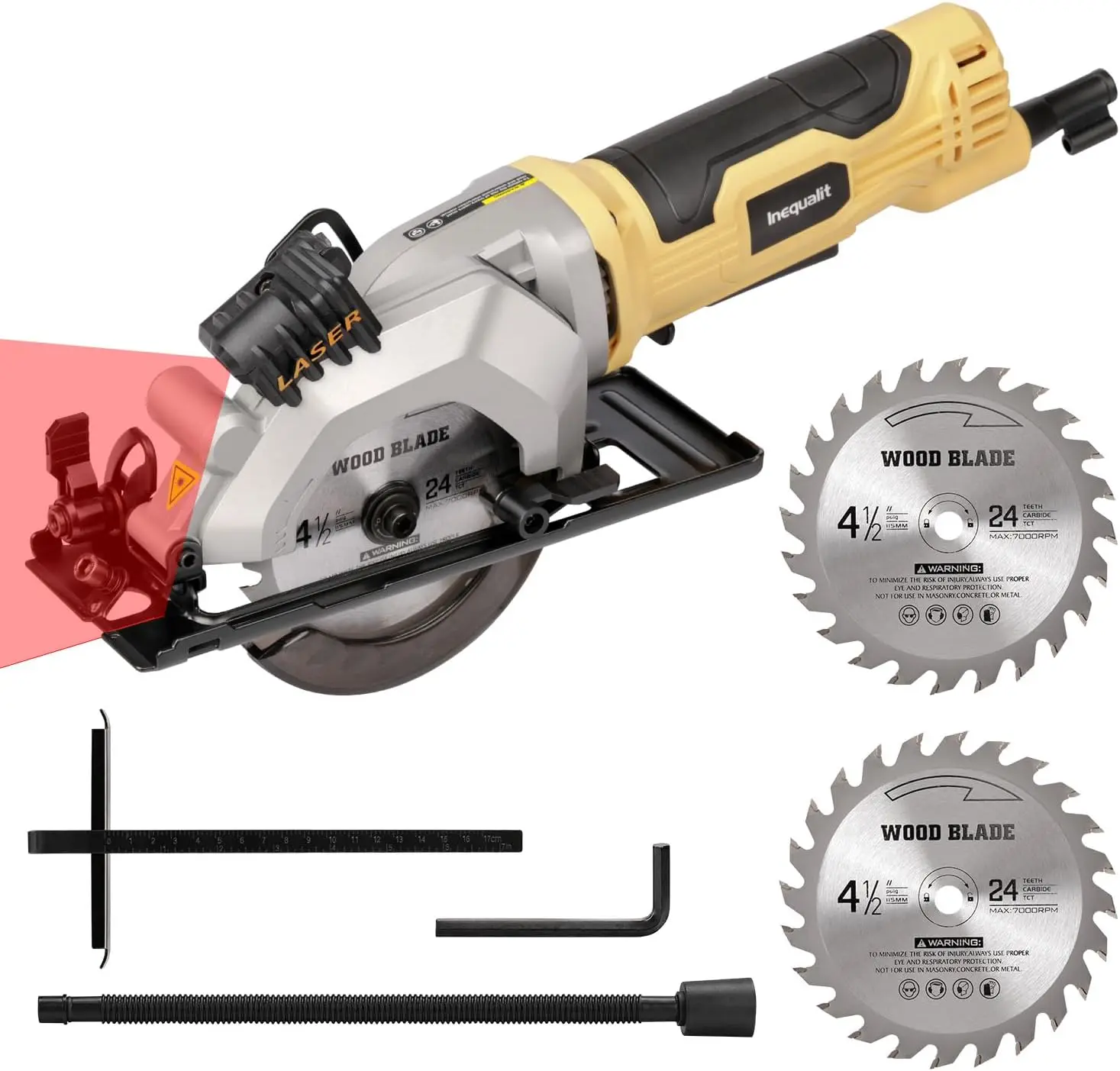 4Amp Mini Circular Saw, 3500RPM with Laser Guide, Rip Guide, Vacuum Adapter, Max Cut Depth 1-11/16"