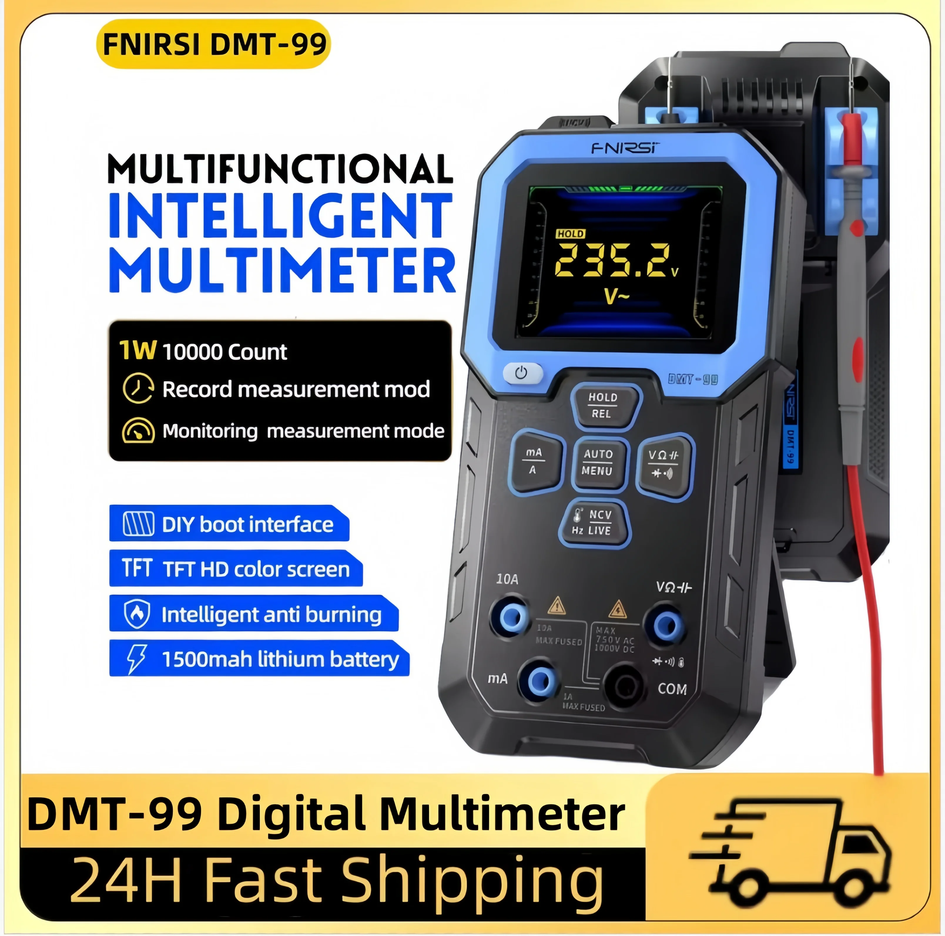 FNIRSI DMT-99 Digital Multimeter 9999 Counts Smart Professional Tester 1000V 10A True RMS Auto Range AC DC Ohm Hz Capacitance
FNIRSI DMT-99 Digital Multimeter 9999 Counts Smart Professional Tester 1000V 10A True RMS Auto Range AC DC Ohm Hz Capacitance