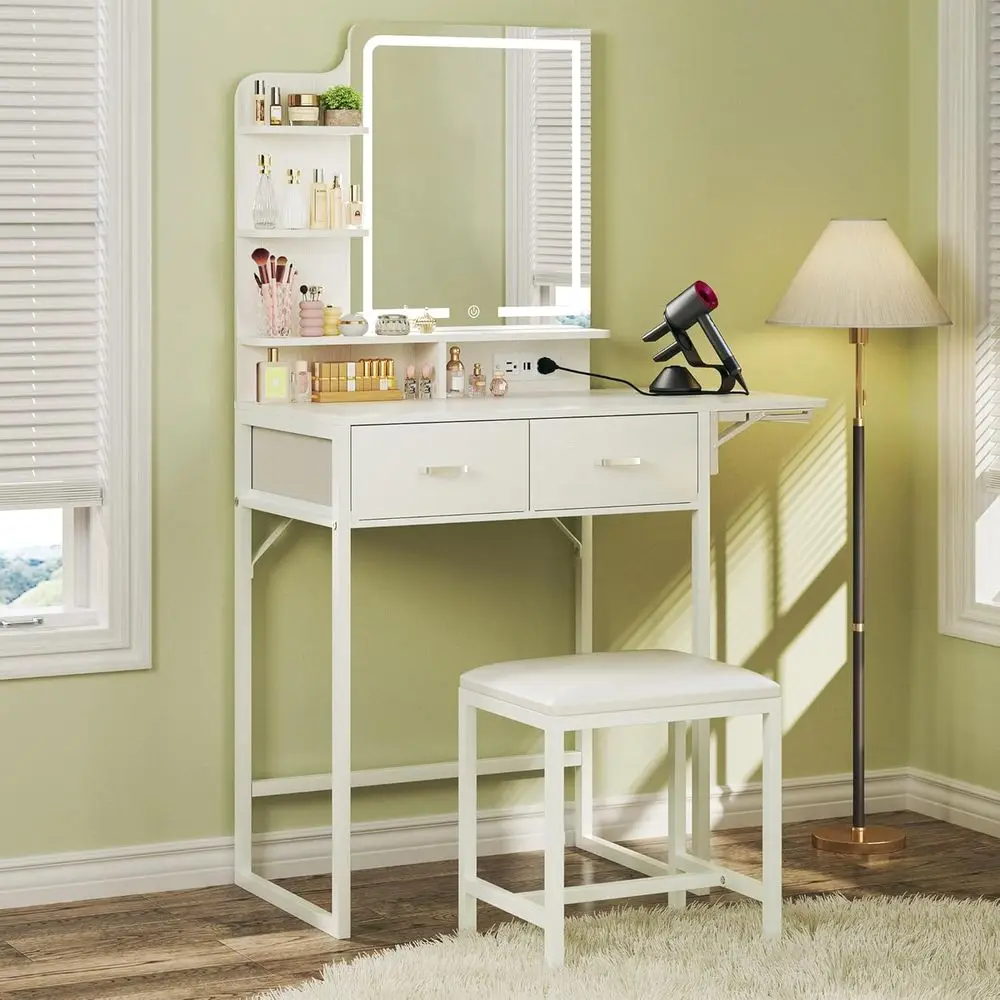 White Makeup Vanity Desk with Fabric Storage, Chair, 3 Shelves, Mirror, Lights, and Power Outlet
White Makeup Vanity Desk with Fabric Storage, Chair, 3 Shelves, Mirror, Lights, and Power Outlet