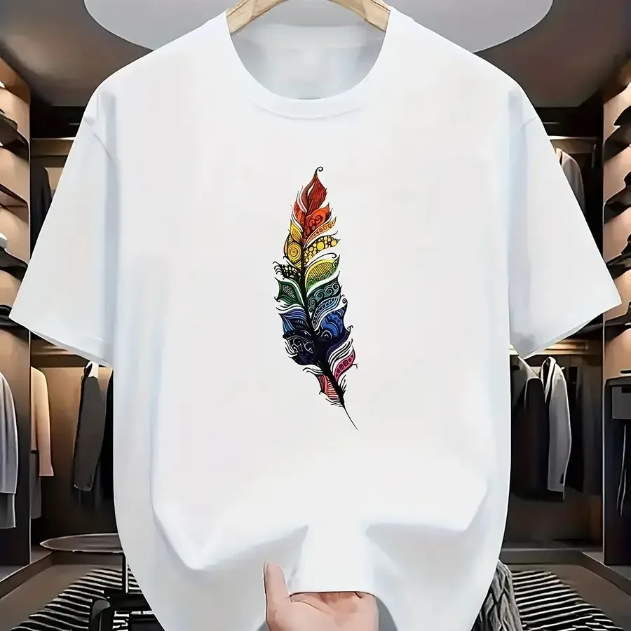 Full of Art And Color Tension! White Short-Sleeved T-Shirt with Exquisite Colored Feather Pattern Print Creating a Personalized
Full of Art And Color Tension! White Short-Sleeved T-Shirt with Exquisite Colored Feather Pattern Print Creating a Personalized