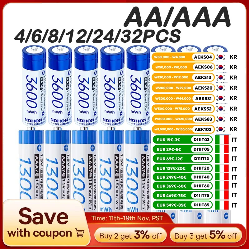 NOHON 1,5 В литий-ионные аккумуляторные батареи типа АА, 3600 МВтч, высокая емкость, долговечная батарея AA AAA, Ni-MH зарядное устройство, зарядное устройство
NOHON 1,5 В литий-ионные аккумуляторные батареи типа АА, 3600 МВтч, высокая емкость, долговечная батарея AA AAA, Ni-MH зарядное устройство, зарядное устройство