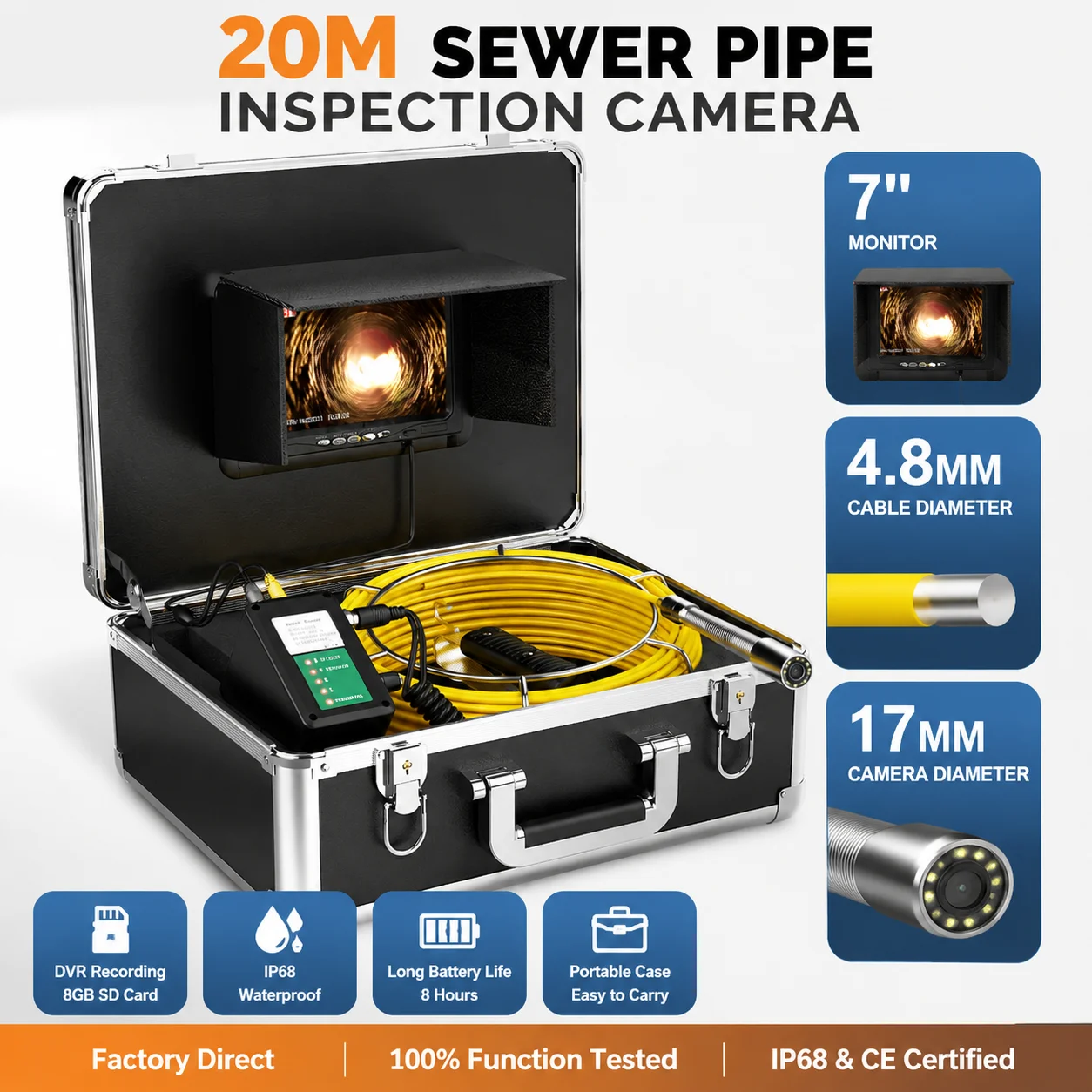 7'' Monitor DVR Sewer Camera 512HZ Locator HD 1000TVL 12LED IP68 20M Cable Auto Leveling for Plumbing Inspection
7'' Monitor DVR Sewer Camera 512HZ Locator HD 1000TVL 12LED IP68 20M Cable Auto Leveling for Plumbing Inspection