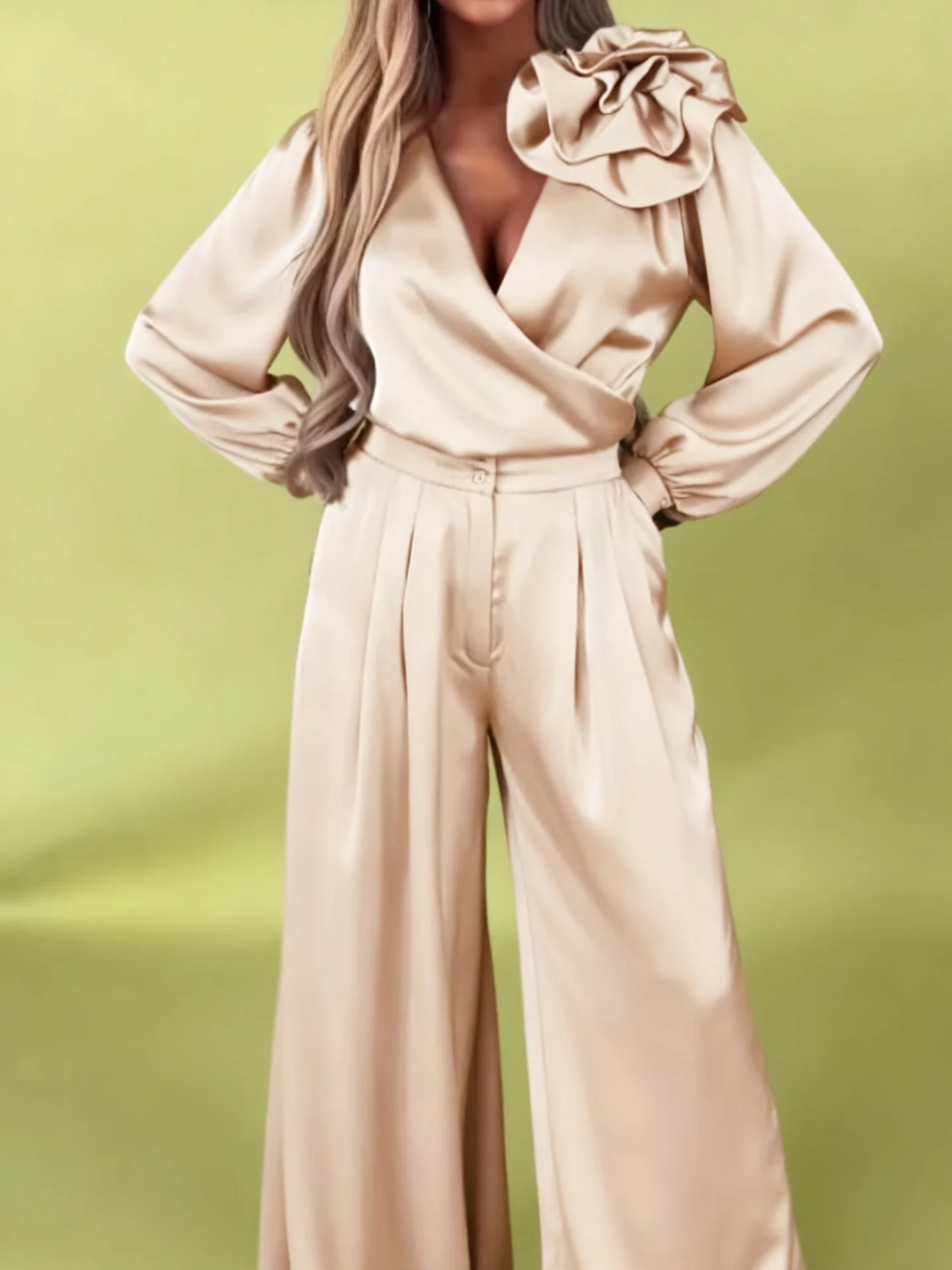 Women's elegant V-neck satin solid color long-sleeved wide-leg pant suit
Women's elegant V-neck satin solid color long-sleeved wide-leg pant suit