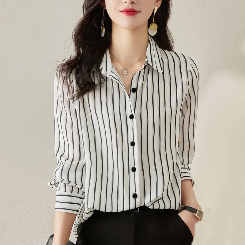 Fashion Stripe Print Women Blouses 2025 Autumn Long Sleeve Tops Casual Office Lady OL Chiffon Shirts
Fashion Stripe Print Women Blouses 2025 Autumn Long Sleeve Tops Casual Office Lady OL Chiffon Shirts