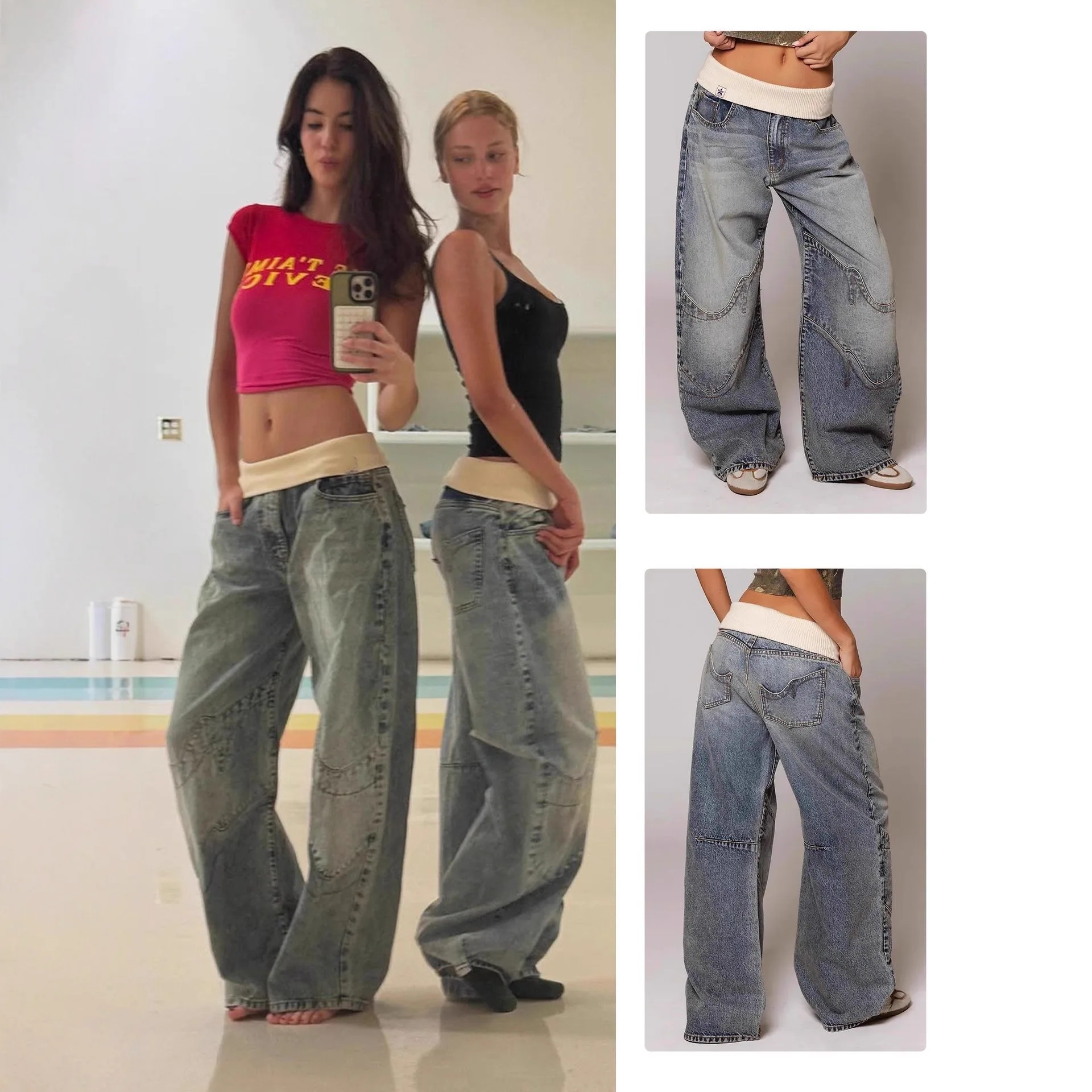 Casual Loose Women's Jeans Straight Leg Denim with Ribbed Waist Vintage Faded Low Waist Blue Denim Fabric Folded
Casual Loose Women's Jeans Straight Leg Denim with Ribbed Waist Vintage Faded Low Waist Blue Denim Fabric Folded