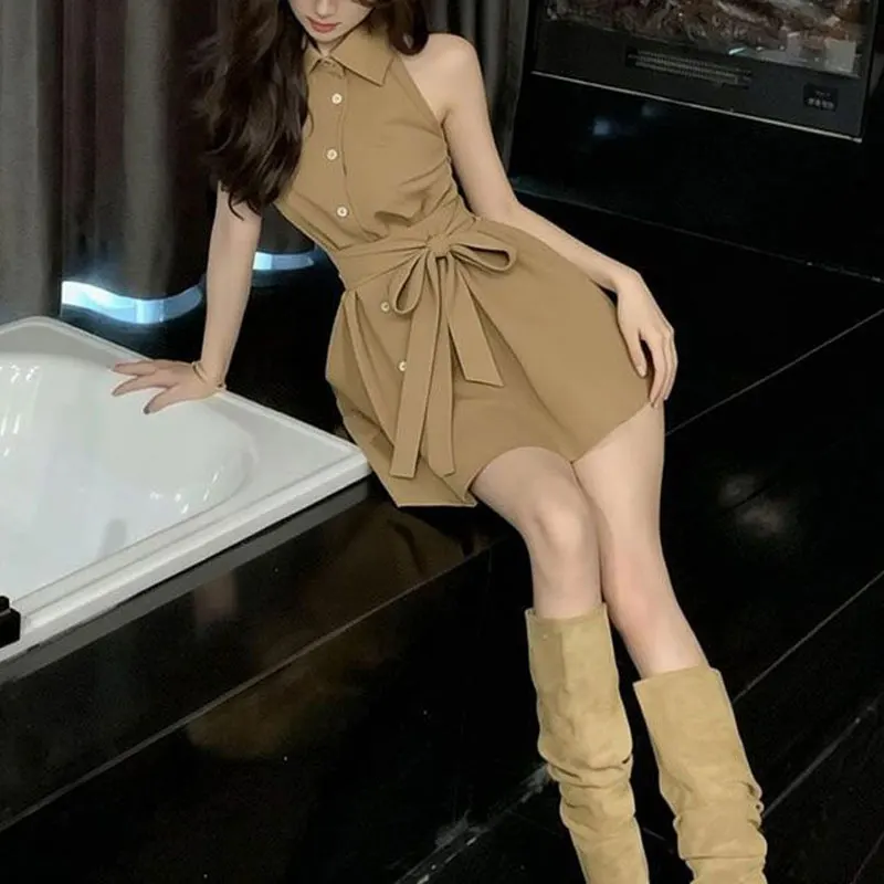 Gentle Aura Polo-Neck Sleeveless Dresses Summer New A-Line Waist Female Clothing Solid Color Fashionable Bandage Bow Mini Dress
Gentle Aura Polo-Neck Sleeveless Dresses Summer New A-Line Waist Female Clothing Solid Color Fashionable Bandage Bow Mini Dress