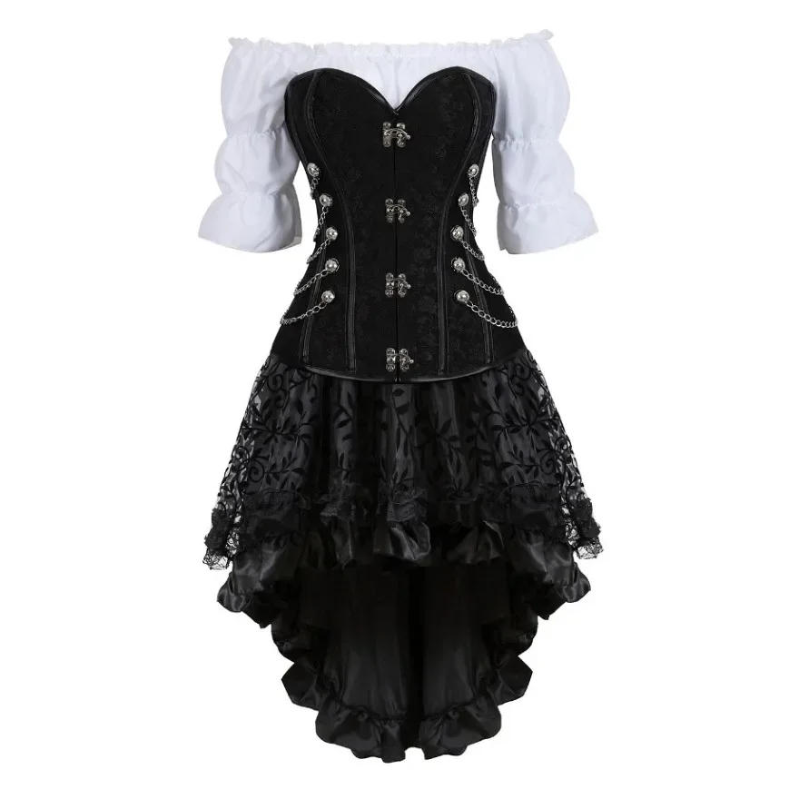 Women Steampunk Corset Dress Leather Bustier Renaissance Blouse Gothic Skirt Three Pieces Pirate Costume Set
Women Steampunk Corset Dress Leather Bustier Renaissance Blouse Gothic Skirt Three Pieces Pirate Costume Set