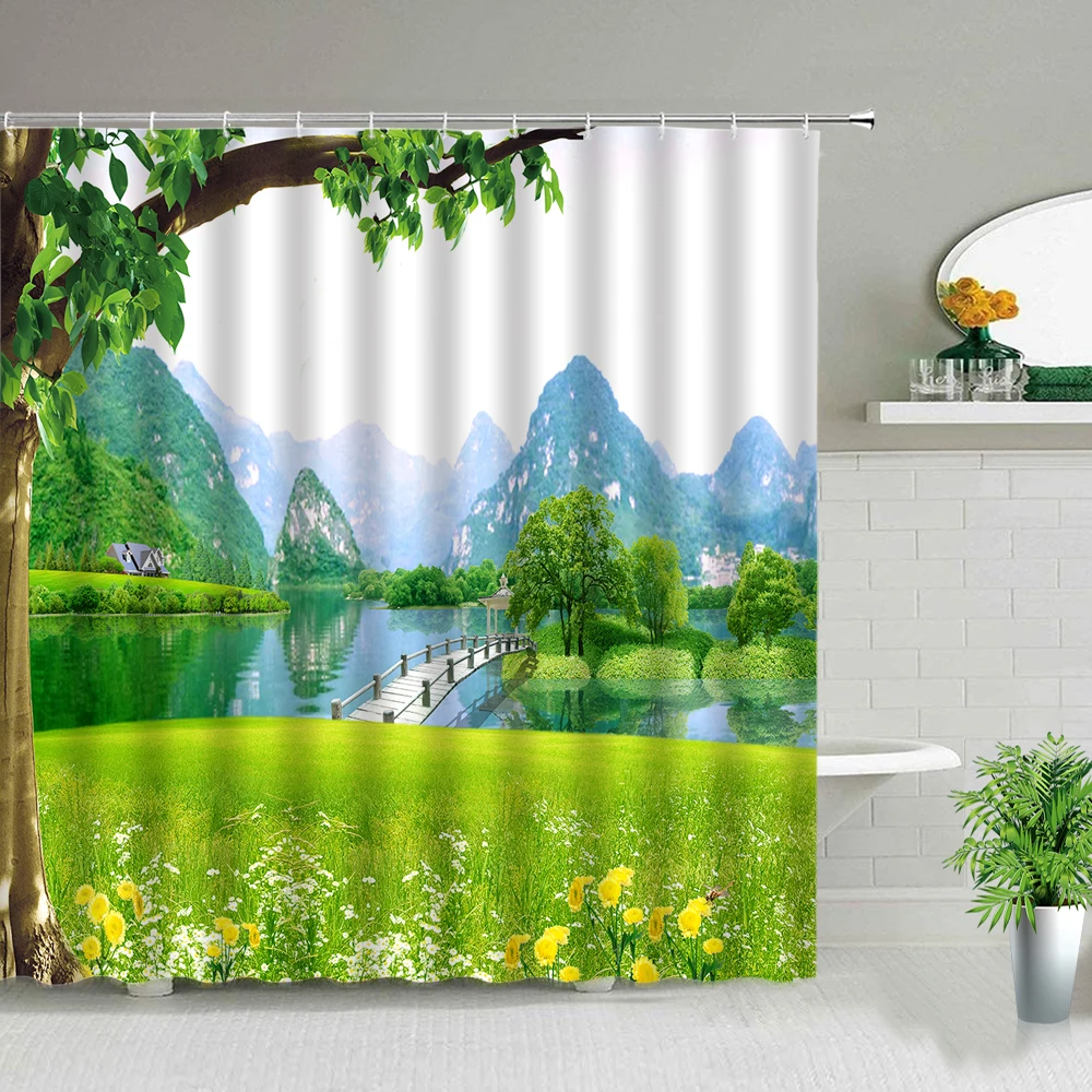 Nature Mountain Lake Scenery Shower Curtain Green Plants Flowers Arch Bridge Tree Stream Mountain View Waterproof Bath Curtains
Nature Mountain Lake Scenery Shower Curtain Green Plants Flowers Arch Bridge Tree Stream Mountain View Waterproof Bath Curtains