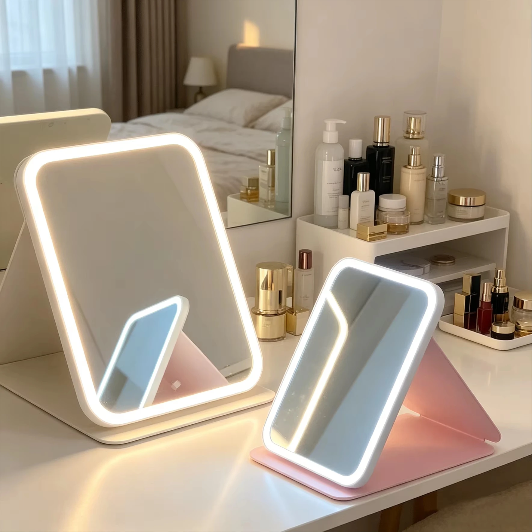 LED Dimmable Makeup Mirror 3 Colors Light Modes USB Charging Foldable Vanity Mirror for Travel And Home Tabletop Use
LED Dimmable Makeup Mirror 3 Colors Light Modes USB Charging Foldable Vanity Mirror for Travel And Home Tabletop Use