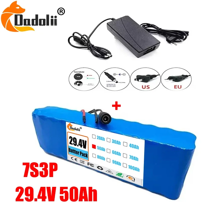 18650 Rechargeable Lithium Battery Pack 7S3P 29.4V 50Ah with BMS Suitable for 24V - 29.4V motors+2A Charger
18650 Rechargeable Lithium Battery Pack 7S3P 29.4V 50Ah with BMS Suitable for 24V - 29.4V motors+2A Charger
