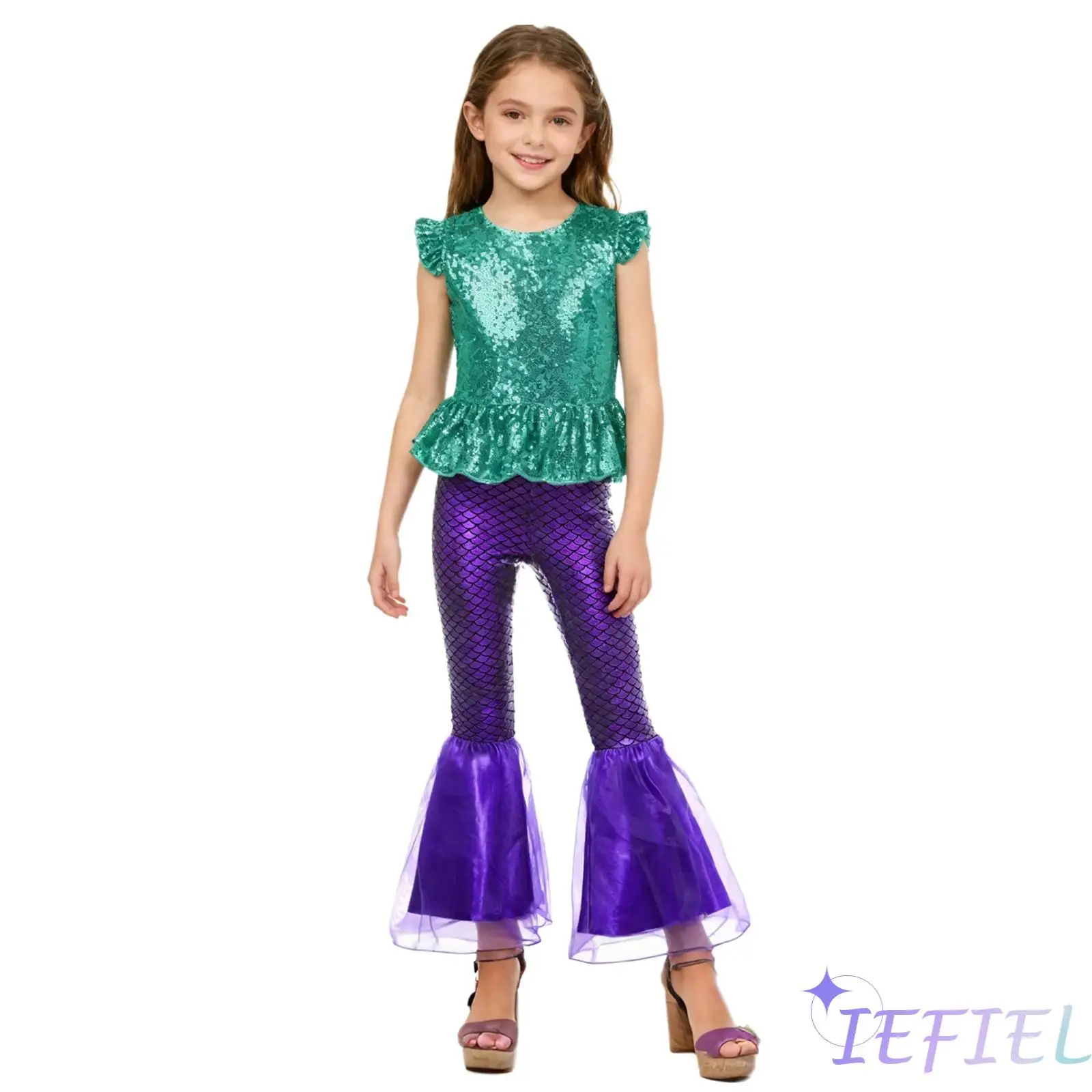 Kids Girls 2 Piece Mermaid Costume Sparkly Sequins Short Flutter Sleeves Full Lined Back Zipper Peplum Top with Flared Pants Set
Kids Girls 2 Piece Mermaid Costume Sparkly Sequins Short Flutter Sleeves Full Lined Back Zipper Peplum Top with Flared Pants Set