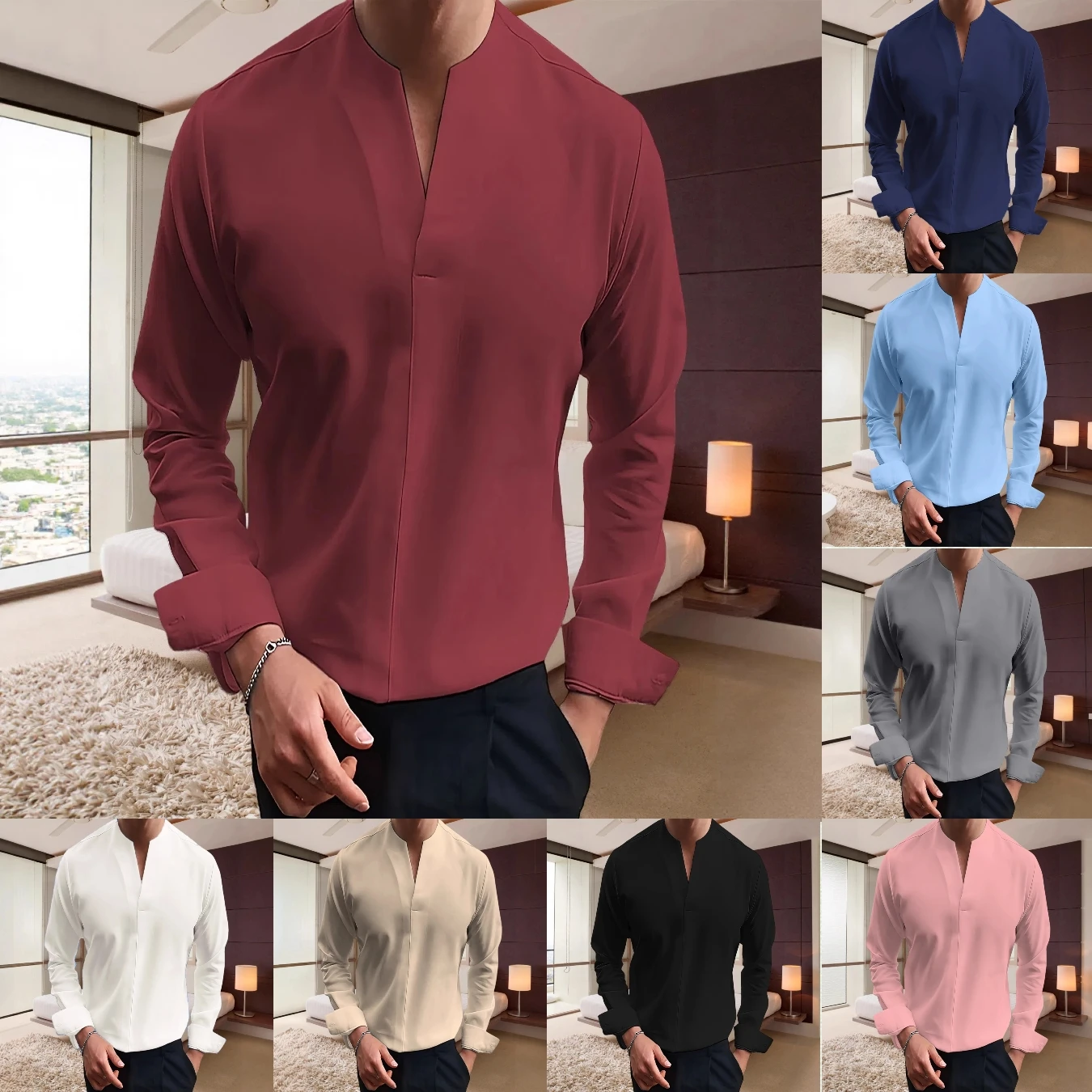 Spring,summer and autumn new men's fitted long-sleeved V-neck shirts, comfortable and versatile men's solid-colored shirts
Spring,summer and autumn new men's fitted long-sleeved V-neck shirts, comfortable and versatile men's solid-colored shirts