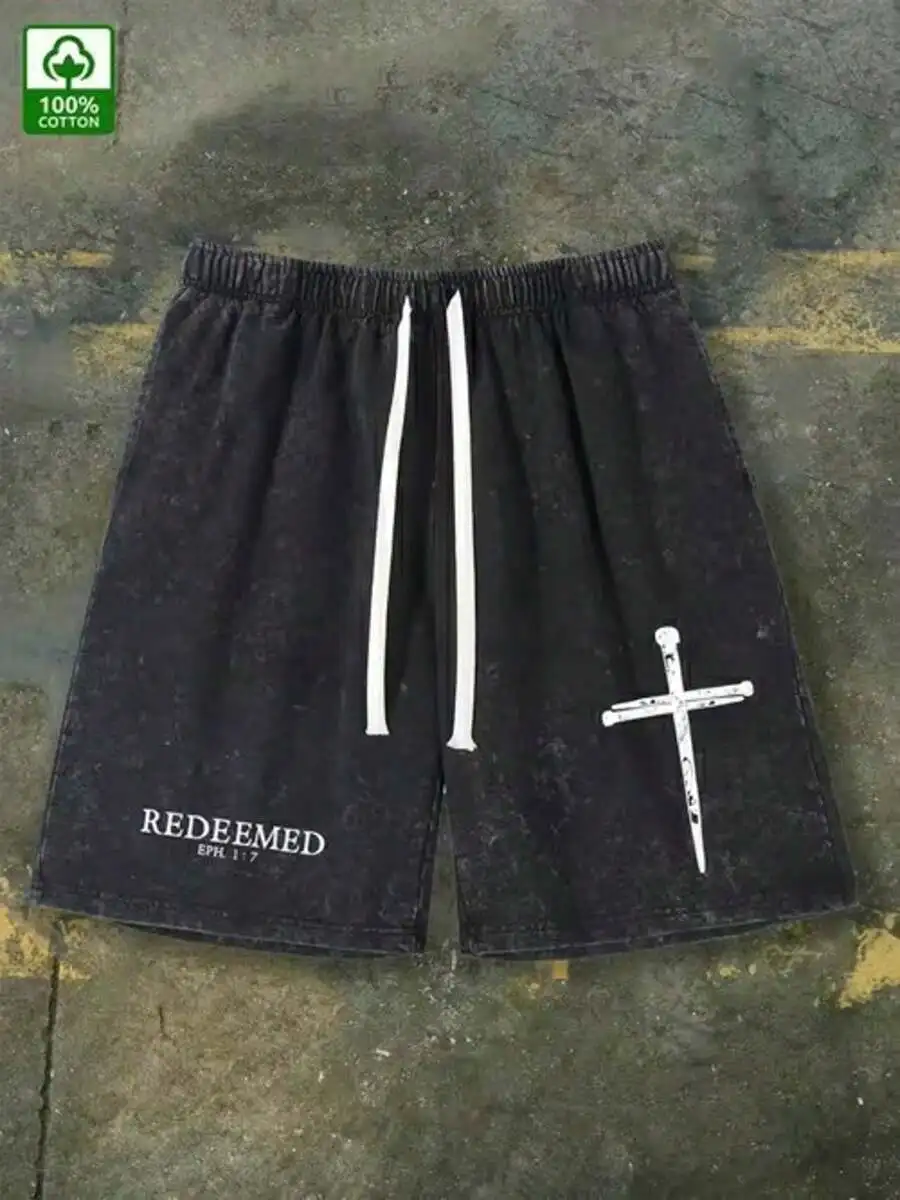 Mens Washed Cotton Shorts With White Cross Graphic And Adjustable Drawstring Waistband
Mens Washed Cotton Shorts With White Cross Graphic And Adjustable Drawstring Waistband