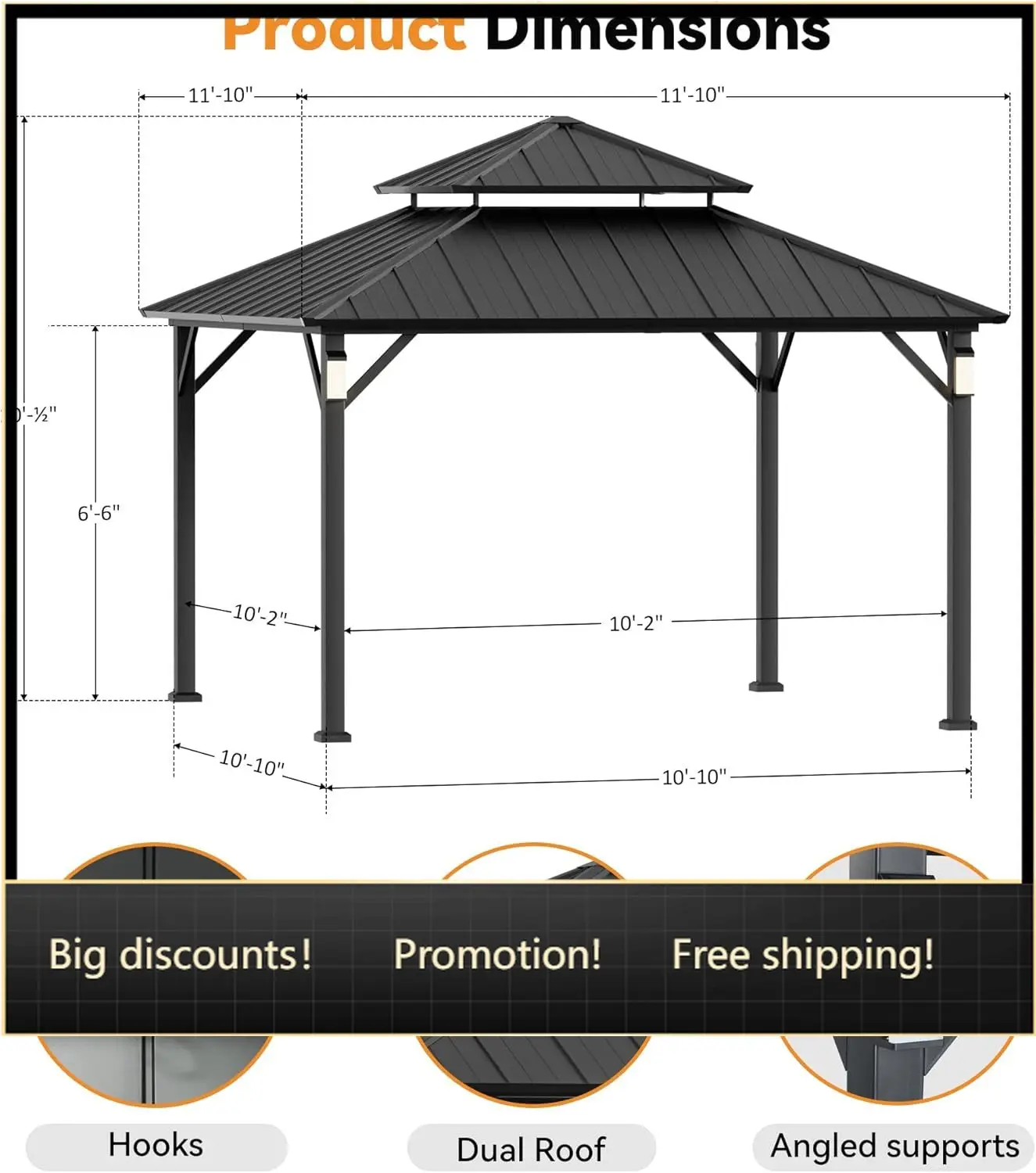 Modern Shade The Horizon Hard Top Gazebo 12' x 12' with 4 LED Lights, Permanent Hardtop Gazebo with Galvanized Steel Double Roof
Modern Shade The Horizon Hard Top Gazebo 12' x 12' with 4 LED Lights, Permanent Hardtop Gazebo with Galvanized Steel Double Roof